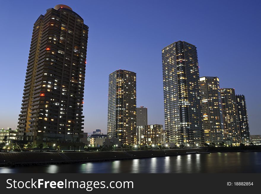 Modern district in Tokyo bay with WComfort Towers East. Modern district in Tokyo bay with WComfort Towers East