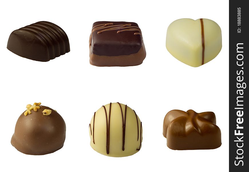 Six chocolates isolated on white backgroud. Six chocolates isolated on white backgroud