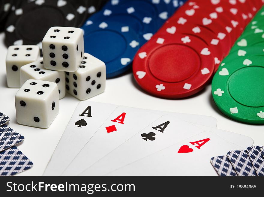 Poker: Cards - Four Aces, Chips And Dices