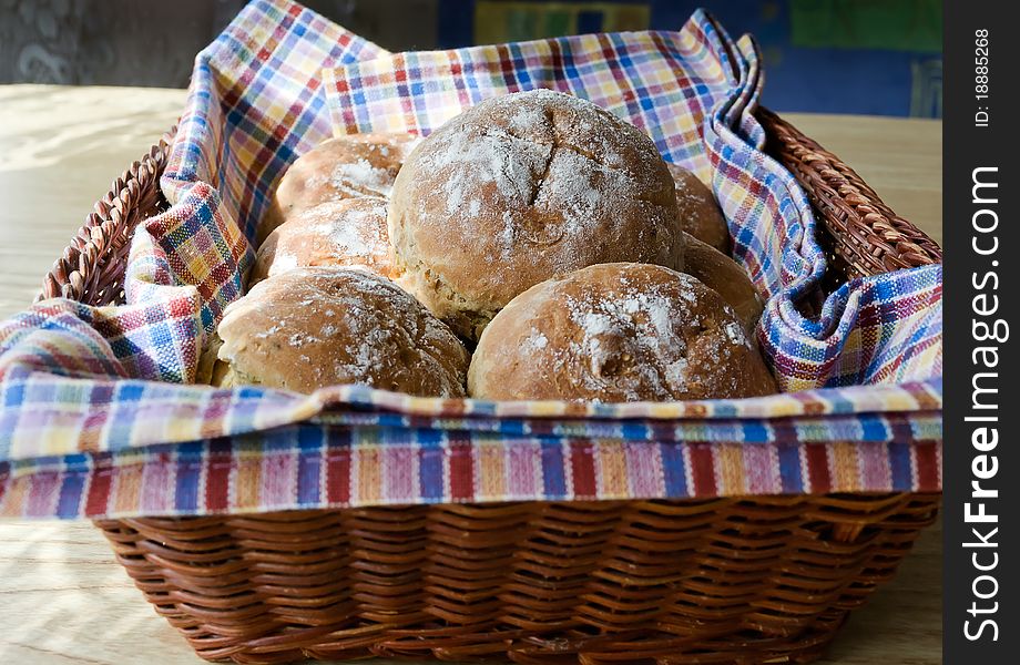 Baked bread balls in the basket