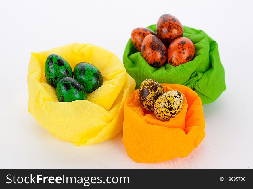 Closeup portrait of Easter eggs on decorative nest. Closeup portrait of Easter eggs on decorative nest