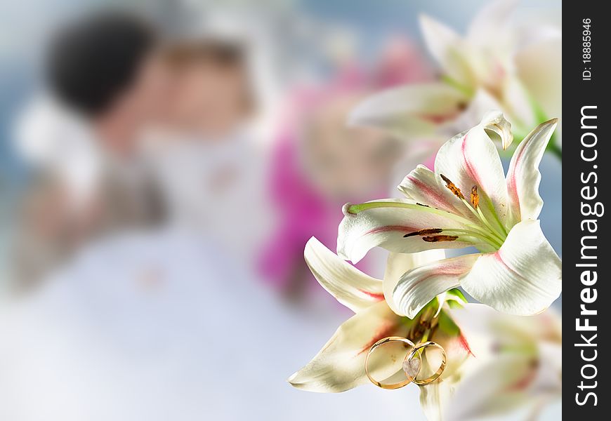 Wedding flowers white on background happy kiss people