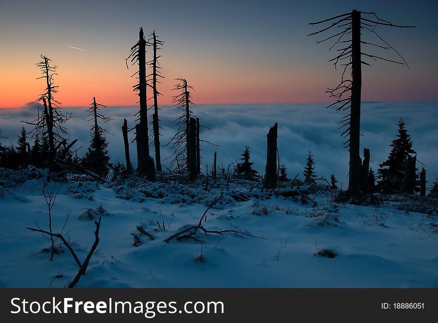 Beautiful winter early evening on the mountain in Czech republic. Beautiful winter early evening on the mountain in Czech republic.