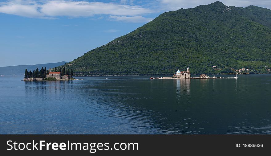 The view of the Island of Our Lady on the Rock and Saint George Island, Perast, Montenegro