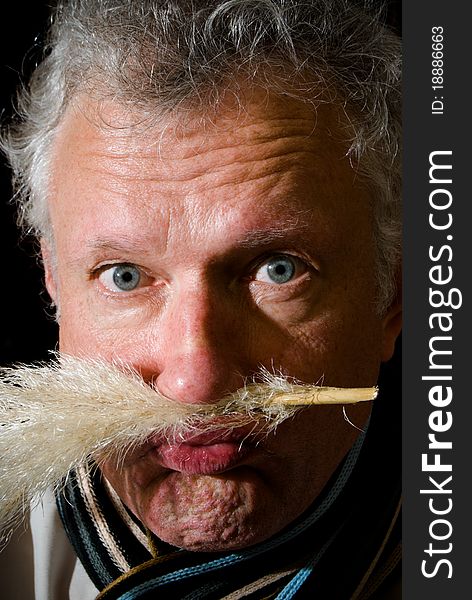 Portrait of a man with reed between lip and nose. Portrait of a man with reed between lip and nose