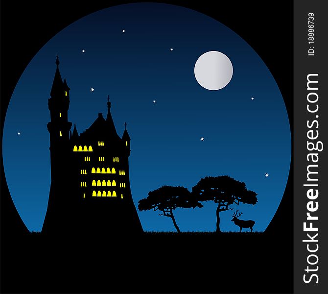 Illustration of Old castle and deer in moonlight