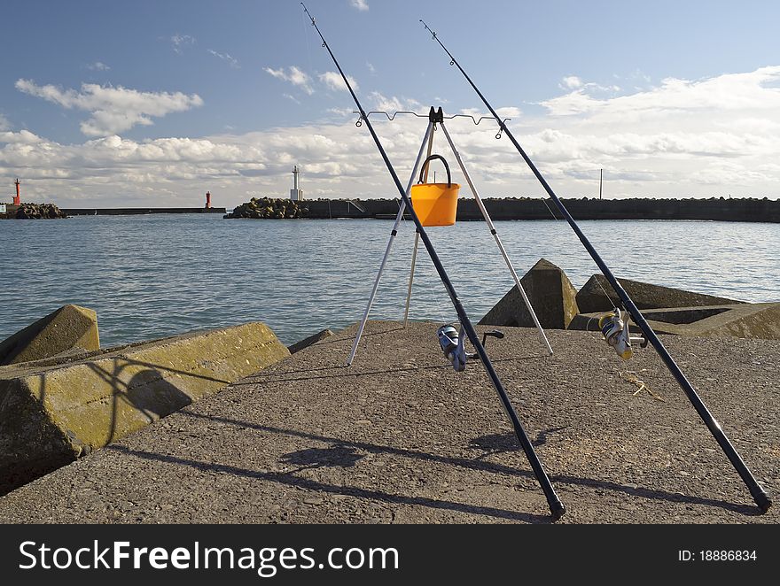 Fishing equipment on the shore of Pacific Ocean.