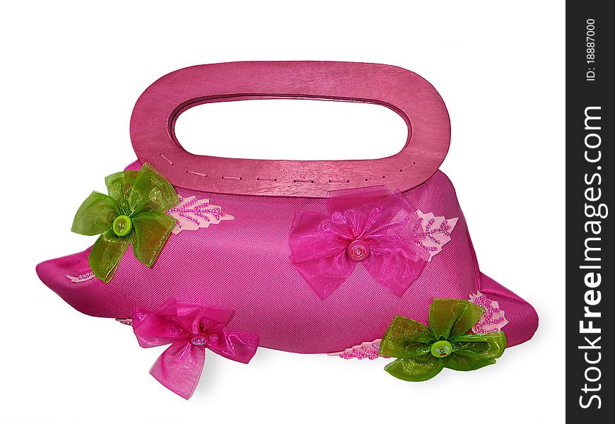 Decorative pink female handbag with colored bows isolated. Decorative pink female handbag with colored bows isolated