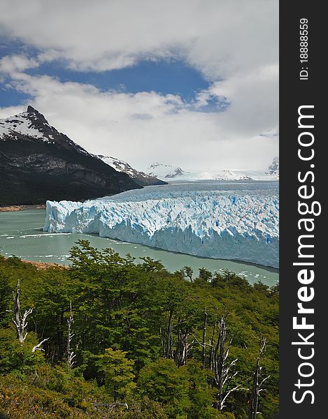 Perito Moreno Glacier, at the Patagonia, in Argentina, with mountains in the background and woods in the foreground. Perito Moreno Glacier, at the Patagonia, in Argentina, with mountains in the background and woods in the foreground