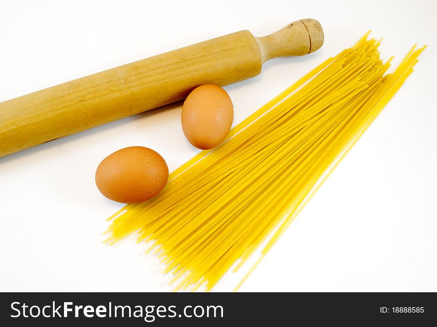 Spaghetti eggs and roll isolated on white background