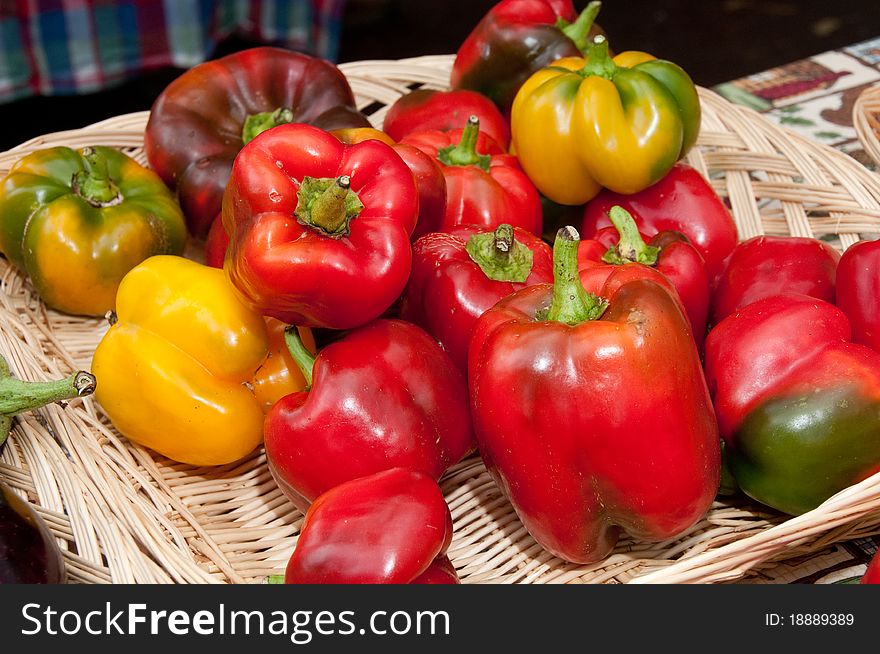 Fresh organic red and yellow bell peppers