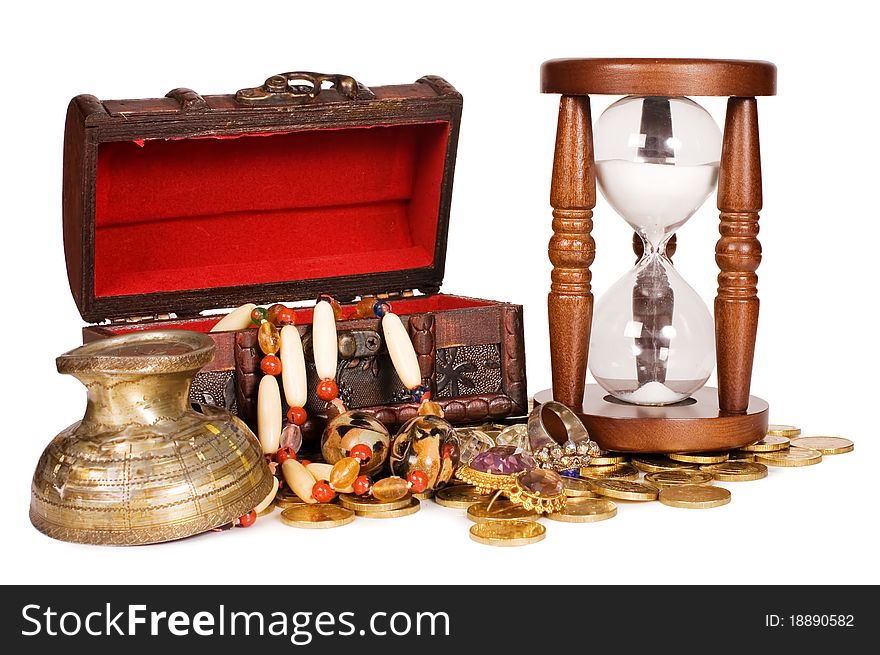 Hourglasses and coin isolated on white background