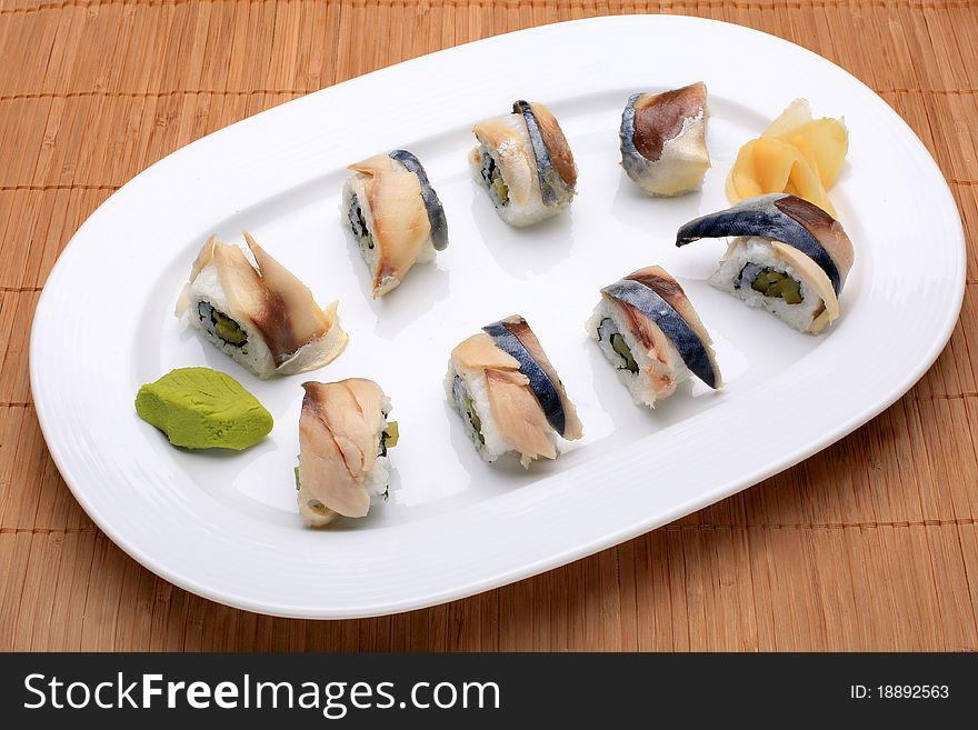 Sushi meal on a sushi mat