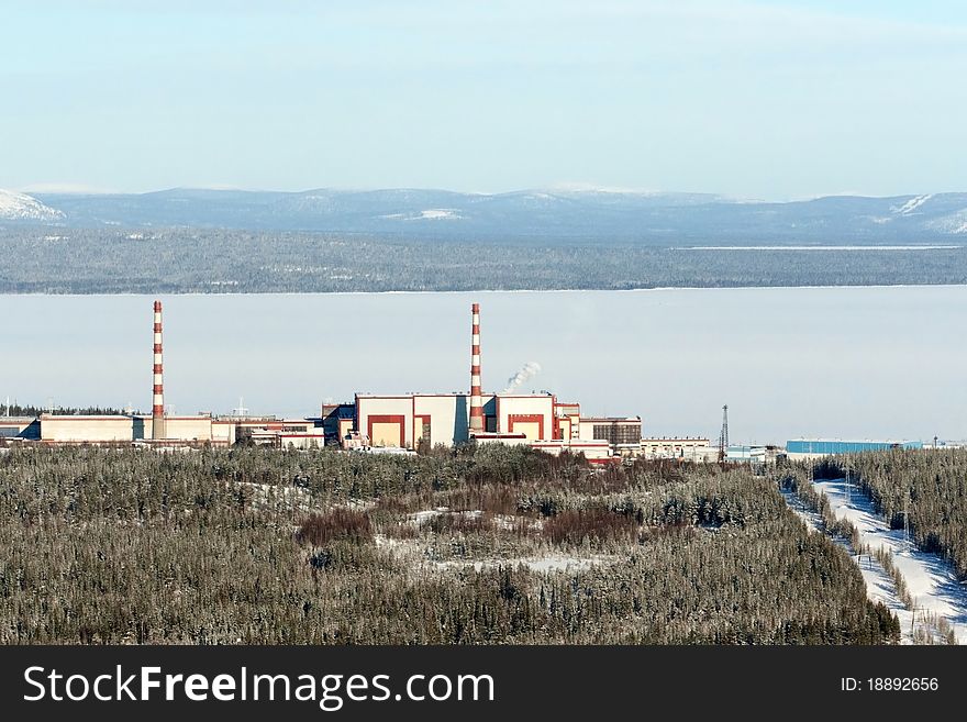 View of the Kola nuclear power station from the mountain. Industrial landscape