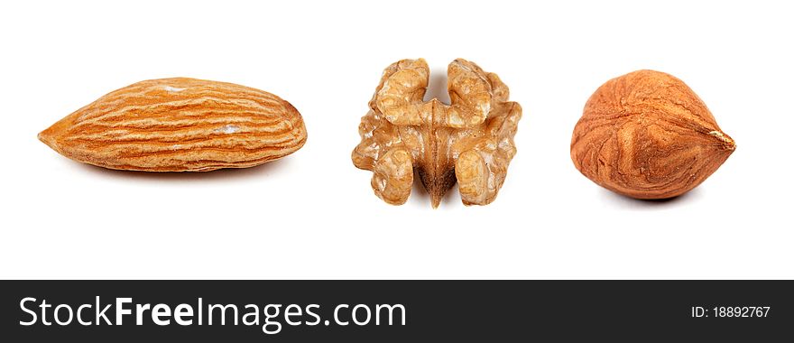 Collage of the three nuts, walnuts, hazelnuts, almonds, isolated on a white background. The image is composed of multiple photos