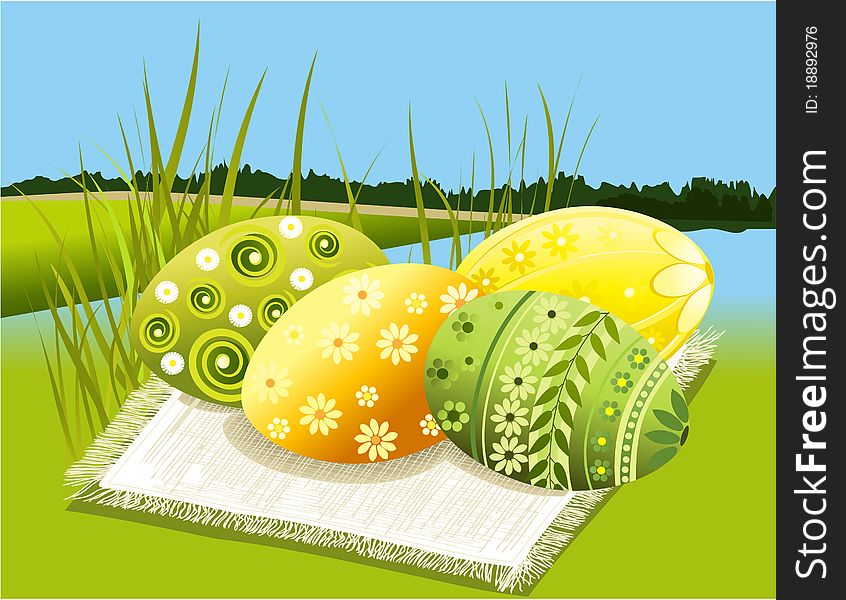 Easter eggs and spring landscape