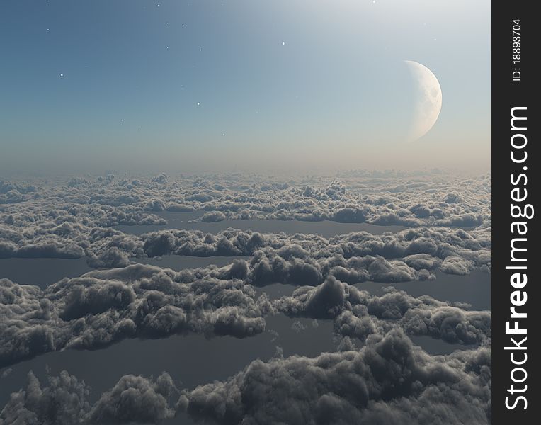 Fantastic atmosphere above clouds with moon and stars in background
