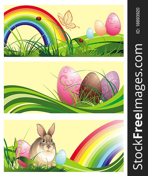 Set Of Spring Easter Banners With Rabbit And Eggs