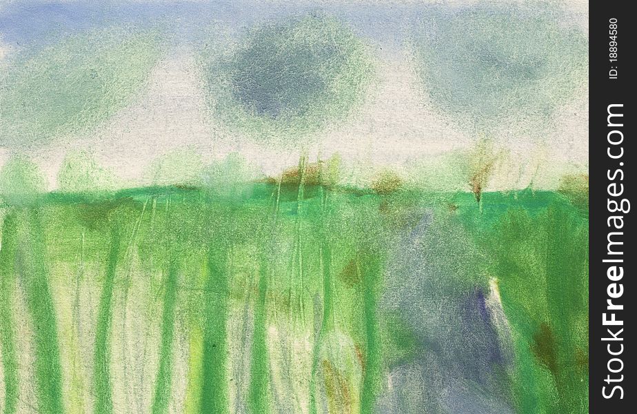 Abstract watercolor landscape. Field under a cloudy sky. Paper, Watercolor