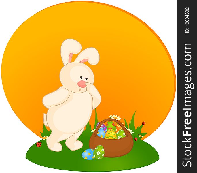 Easter Bunny with basket and colored eggs. Easter card