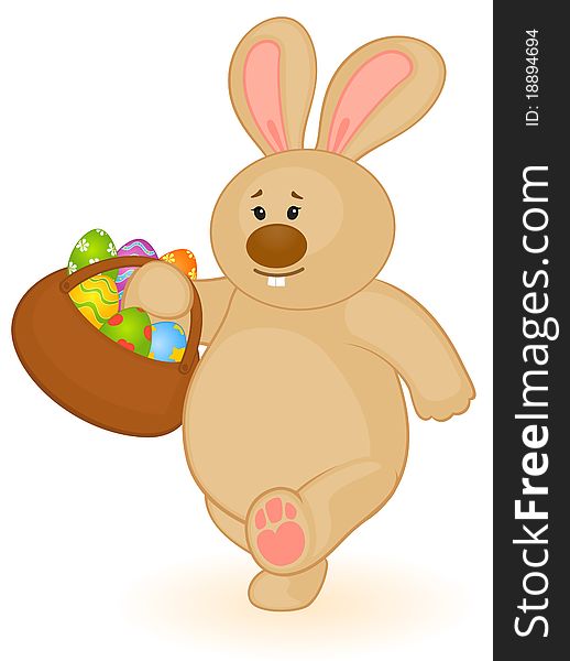 Easter Bunny with basket and colored eggs. Easter card. Easter Bunny with basket and colored eggs. Easter card