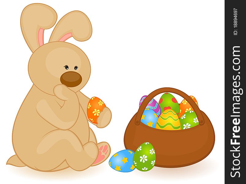 Easter Bunny with basket and colored eggs. Easter card. Easter Bunny with basket and colored eggs. Easter card