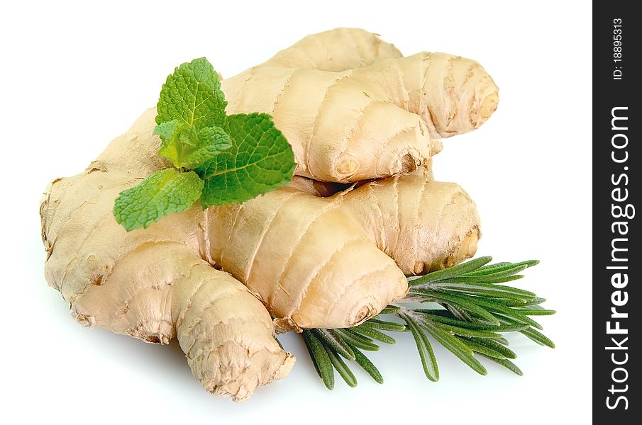 Root of ginger with mint and rosemary