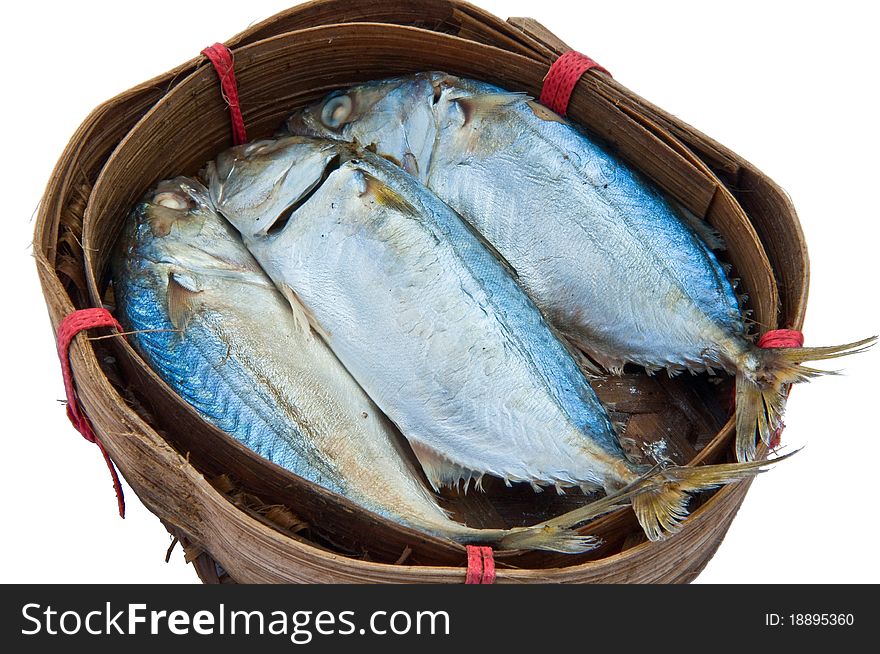 Three steamed Mackerels in bamboo basket. Three steamed Mackerels in bamboo basket