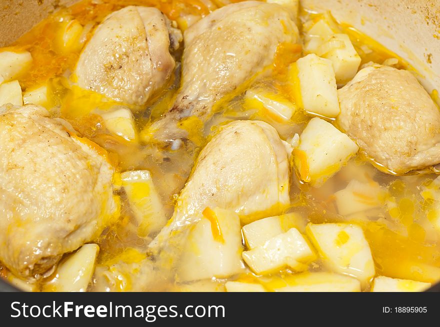 Closeup of chicken and potato soup