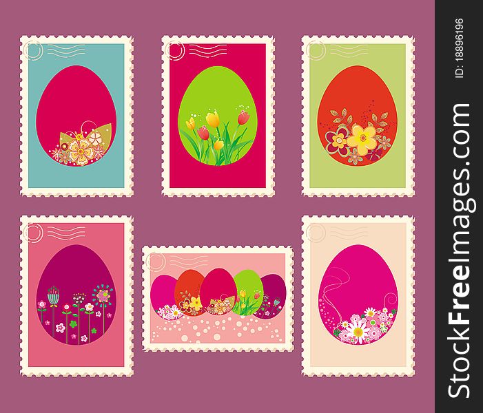 Vector illustration of Easter postage stamps with flowers