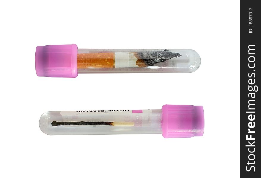 Cigarette And Burnt Matchstick In Test Tubes
