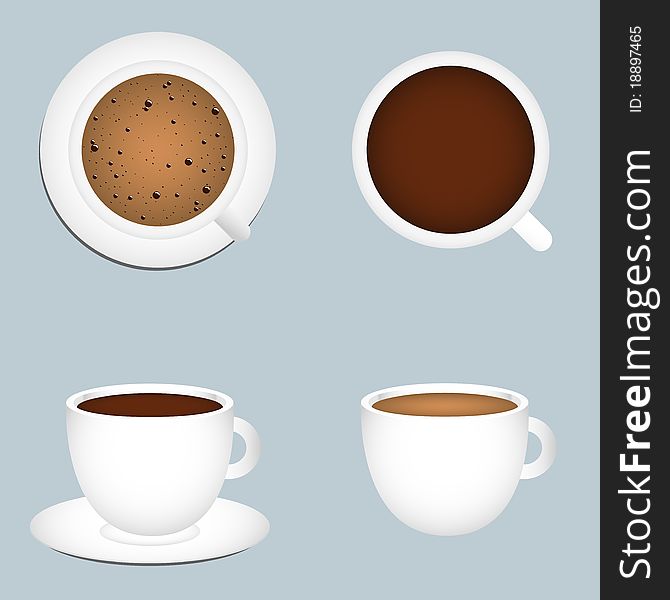 Set of four coffee cups isolated on grey background. EPS file available