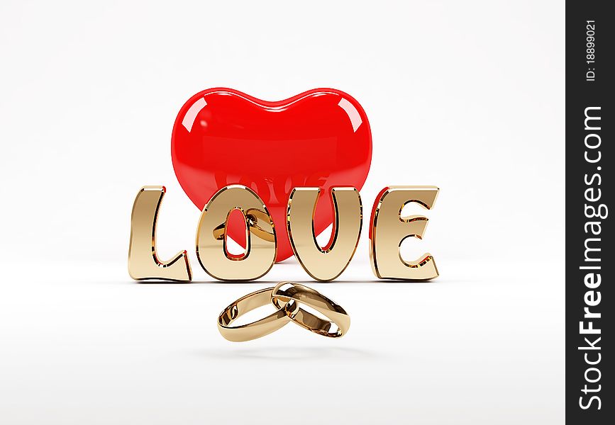 3D Love Text, Heart And Rings