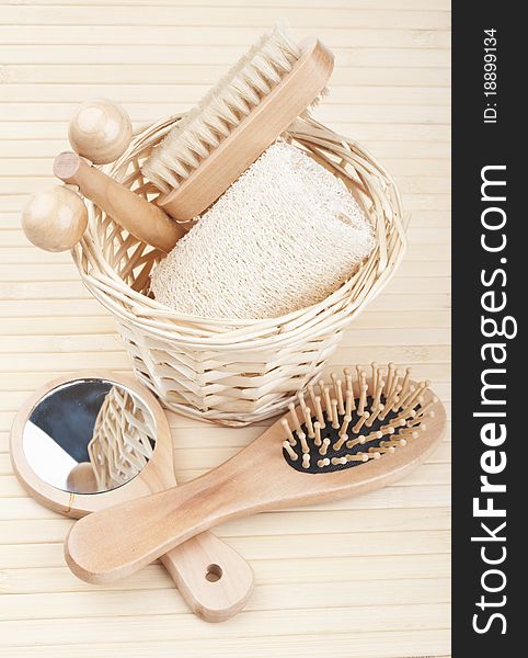 Bath accessories on the bamboo mat