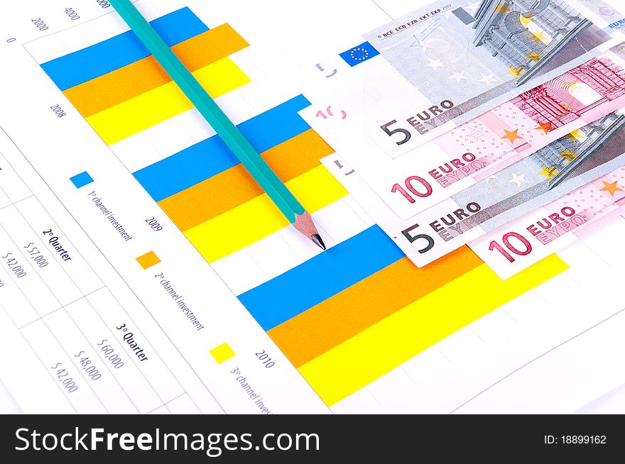 Financial Analysis with graphs and data of industrial growth. European currency notes. Financial Analysis with graphs and data of industrial growth. European currency notes.