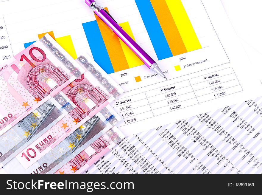 Financial Analysis with graphs and data of industrial growth. European currency notes. Financial Analysis with graphs and data of industrial growth. European currency notes.