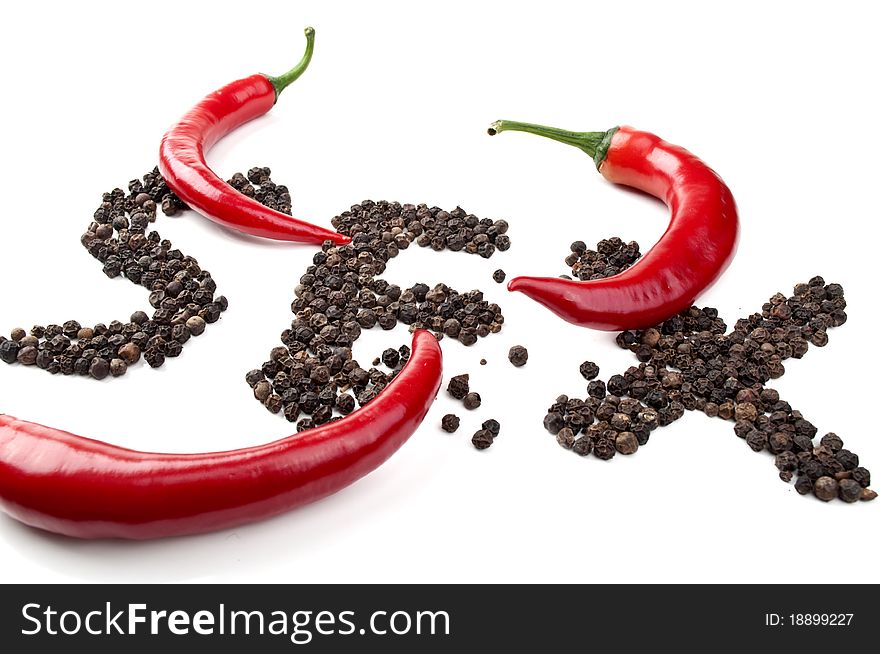 Three red chili on a white background