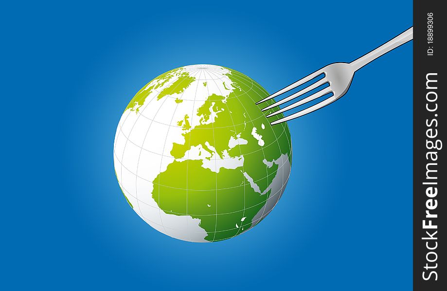 Planet earth pick on metal fork. Planet earth pick on metal fork