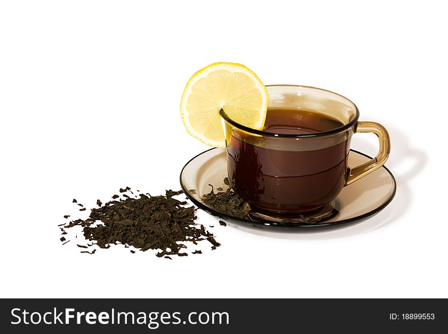 Cup of tea with lemon isolated on a white background