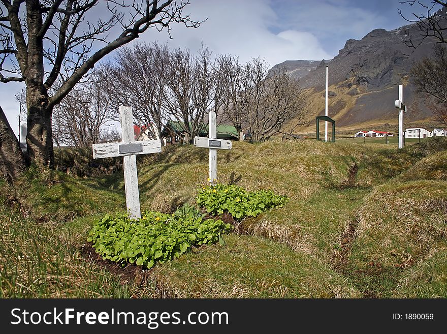 Crosses at the church mission graveyard in iceland