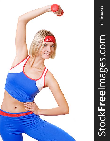 Picture of a blond girl with red dumbbell