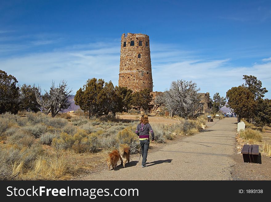 Girl walking dogs by Artists Tower at Grand Canyon. Girl walking dogs by Artists Tower at Grand Canyon