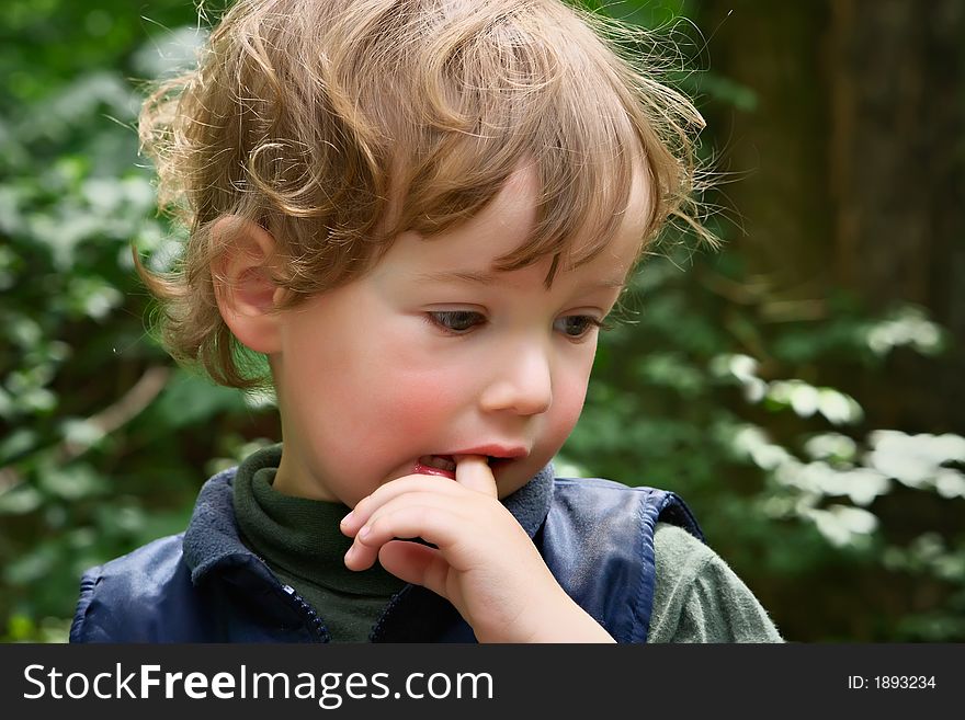 Little boy with curly hair easy and thoughtfully looks at the world surrounding him. Little boy with curly hair easy and thoughtfully looks at the world surrounding him