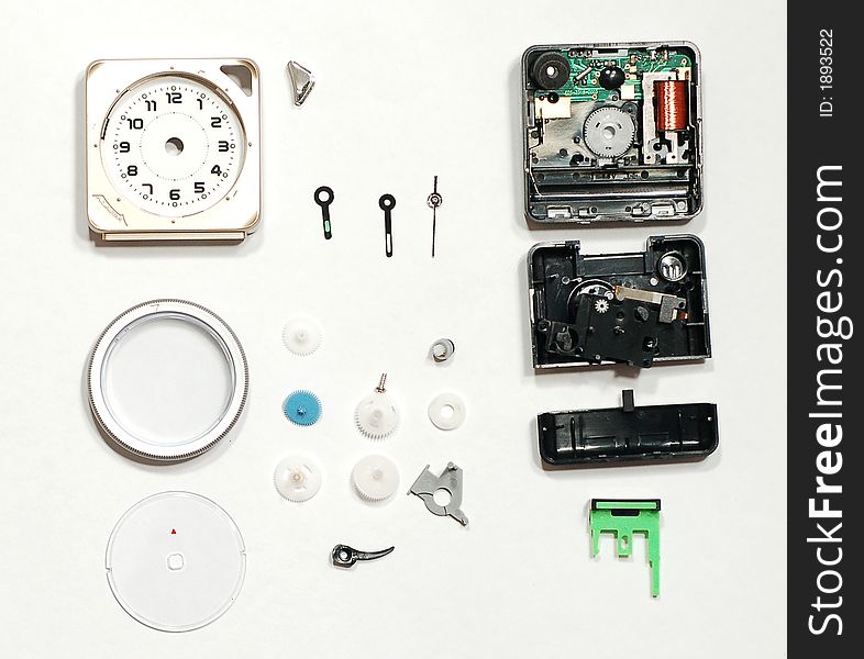 Alarm clock breakway showing many plastic components. Alarm clock breakway showing many plastic components