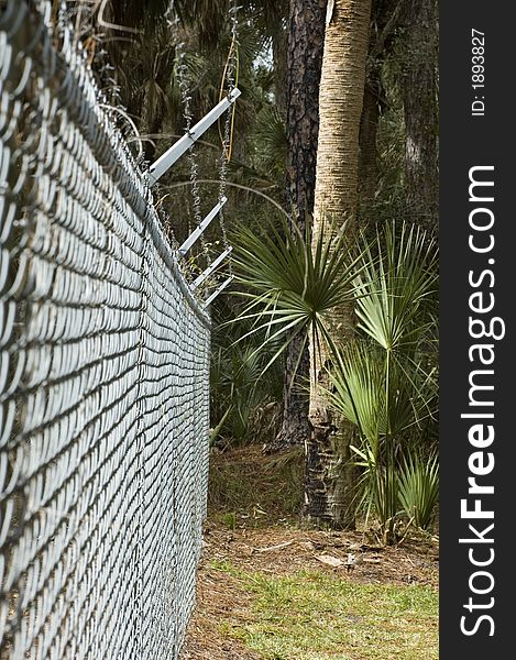 A chain-link fence with barbed wire on top. A chain-link fence with barbed wire on top.