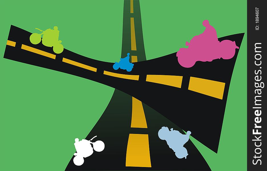 Abstract colored illustration with colored motorcycle shapes riding on the road. Abstract colored illustration with colored motorcycle shapes riding on the road