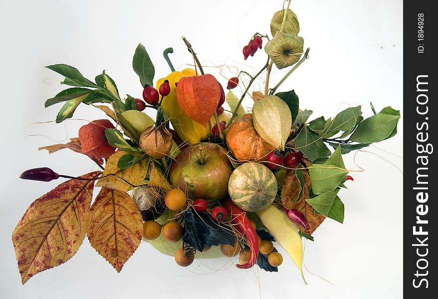 Arrangement made of autums fructus, white background. Arrangement made of autums fructus, white background