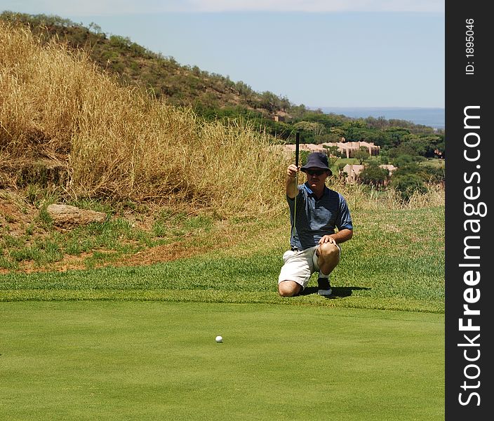 Golfer estimating a line for a putt. Golfer estimating a line for a putt.