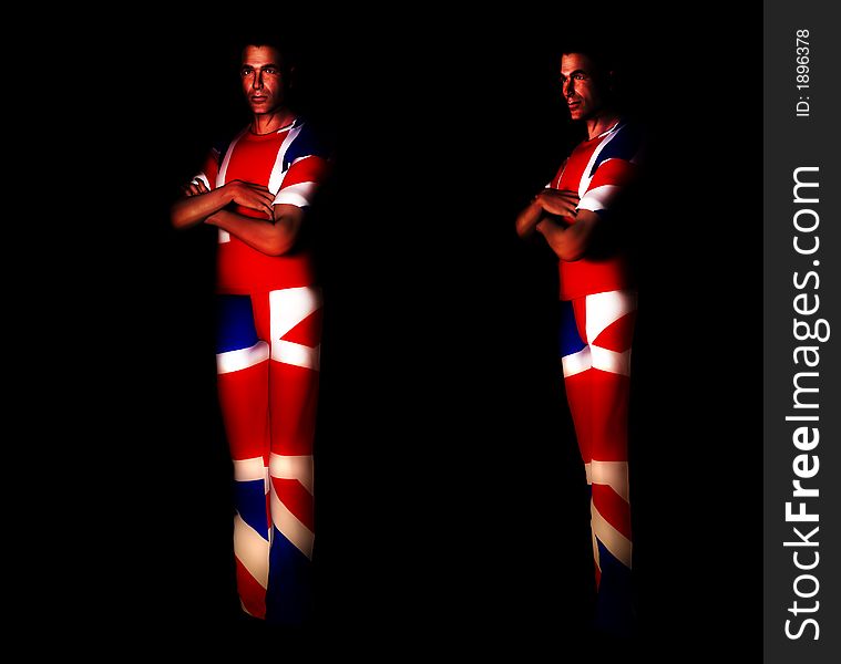 A pair of men with the Union Jack flag on their clothing, its the flag of Great Britain. A pair of men with the Union Jack flag on their clothing, its the flag of Great Britain.