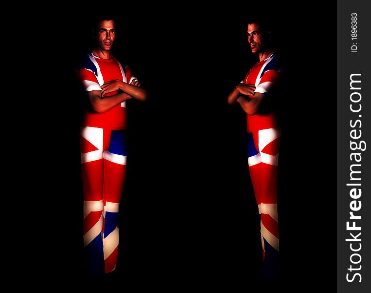 A pair of men with the Union Jack flag on their clothing, its the flag of Great Britain. A pair of men with the Union Jack flag on their clothing, its the flag of Great Britain.